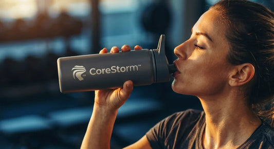 Female athlete drinking supplement powder from a CoreStorm bottle