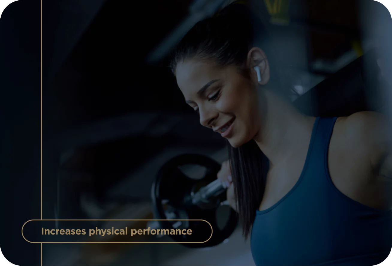 Woman lifting weights with text 'increases physical performance' on a dark background