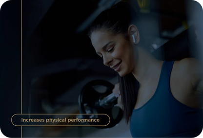 Woman lifting weights with text 'increases physical performance' on a dark background