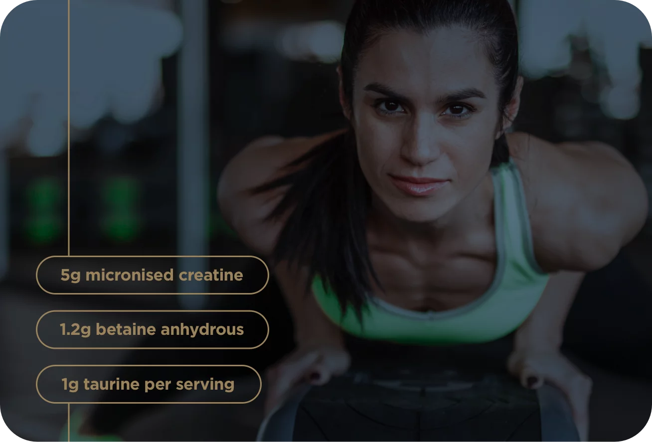 Woman exercising with fitness supplement information overlay