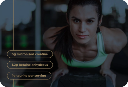 Woman exercising with fitness supplement information overlay