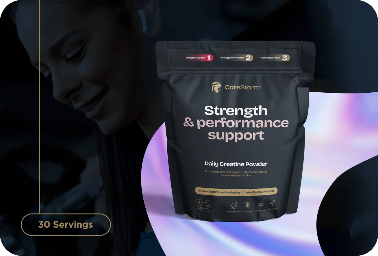 Package of CoreStorm Daily Creatine Powder with a blurred background