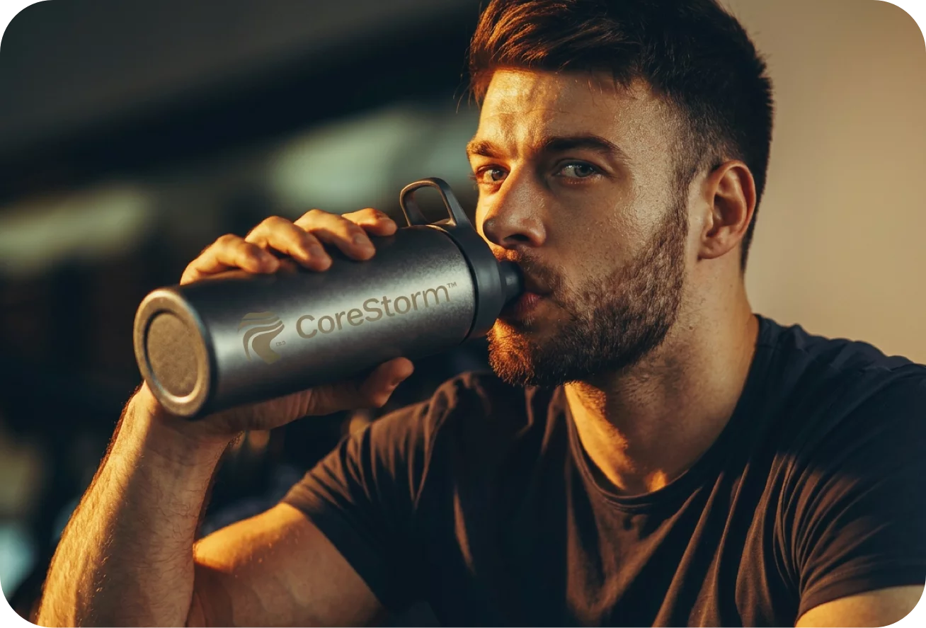 Man drinking from a CoreStorm water bottle with a blurred background