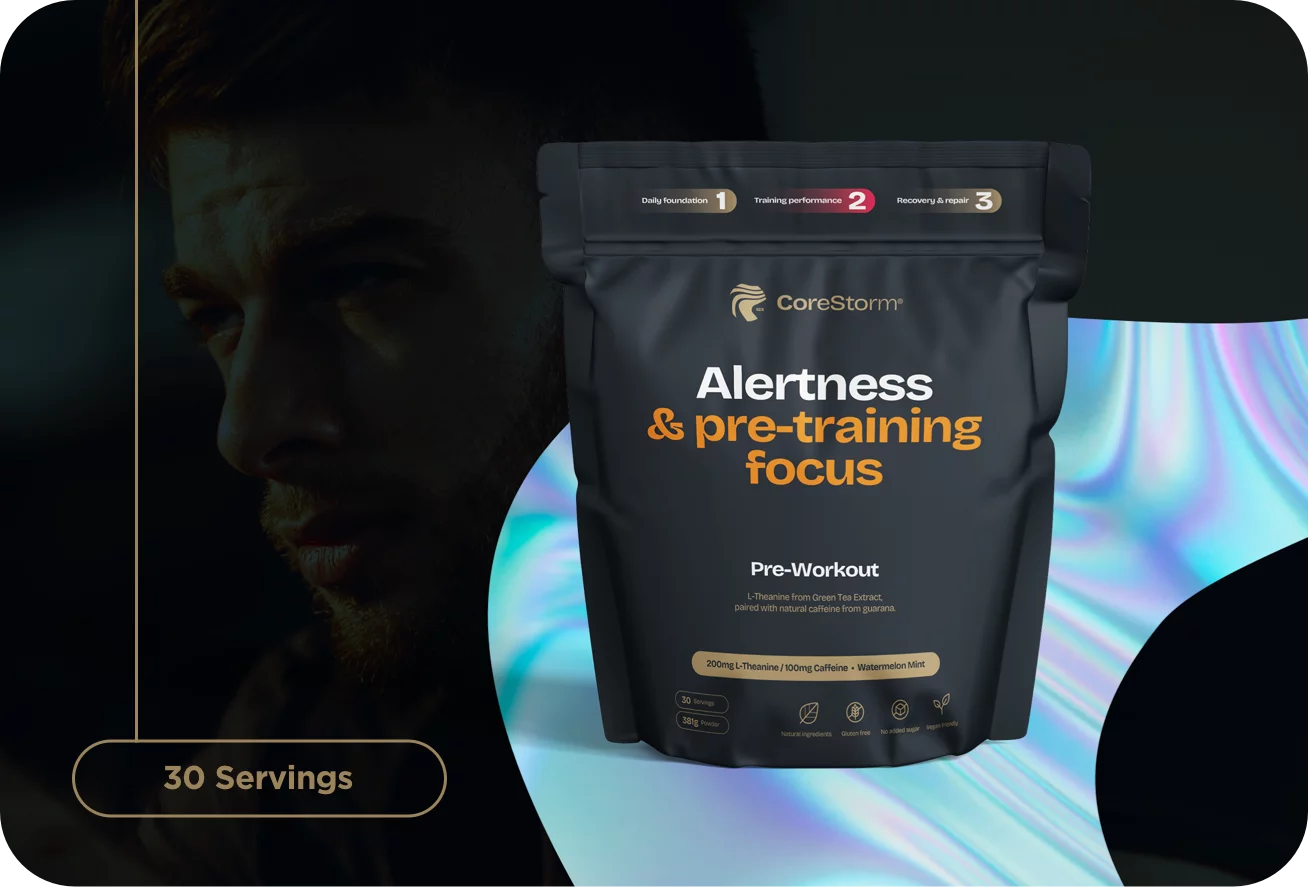 Pre-workout supplement package with 'CoreStorm' branding on a blurred background