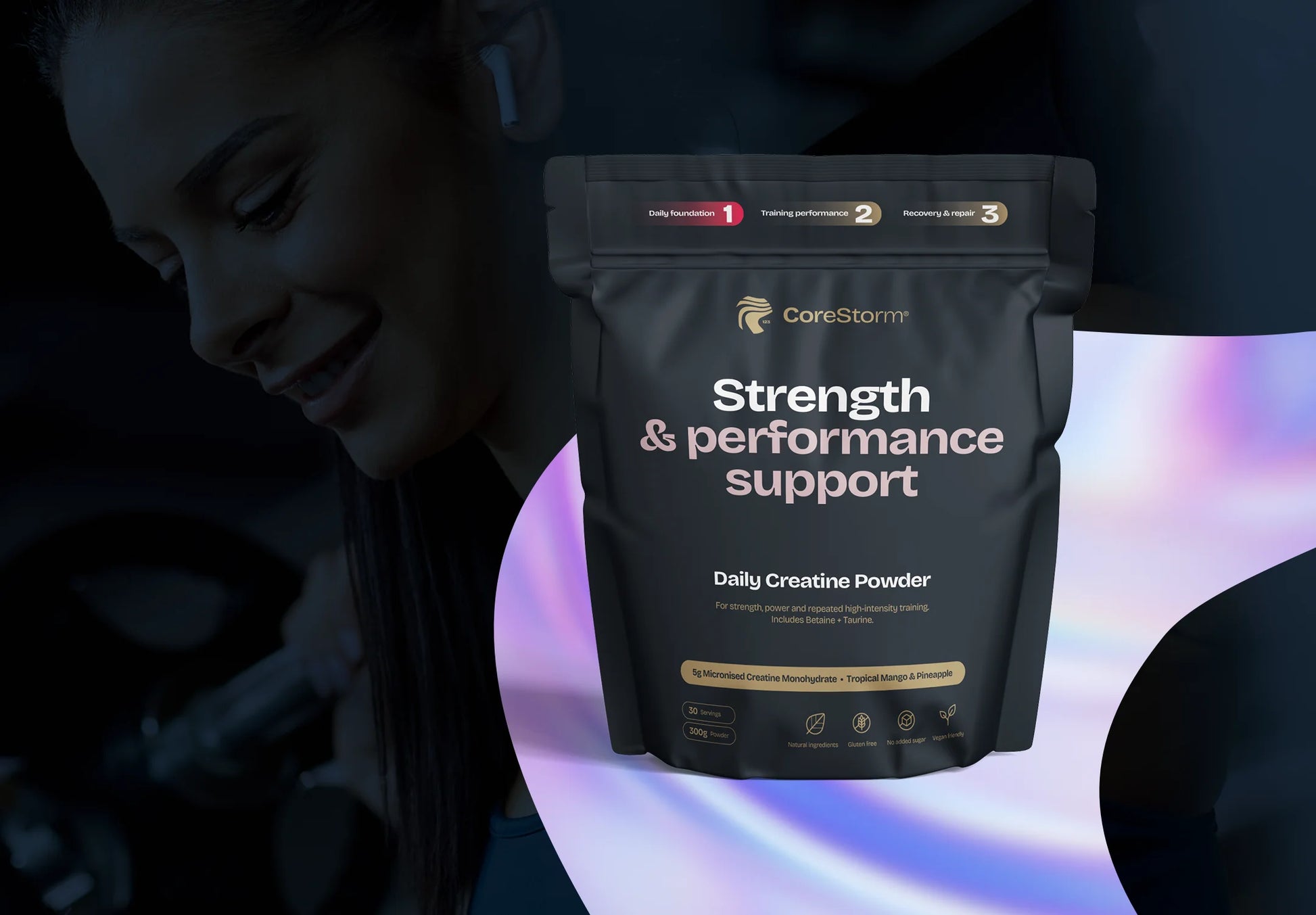 Package of 'Strength & Performance Support' powder with a blurred person in the background