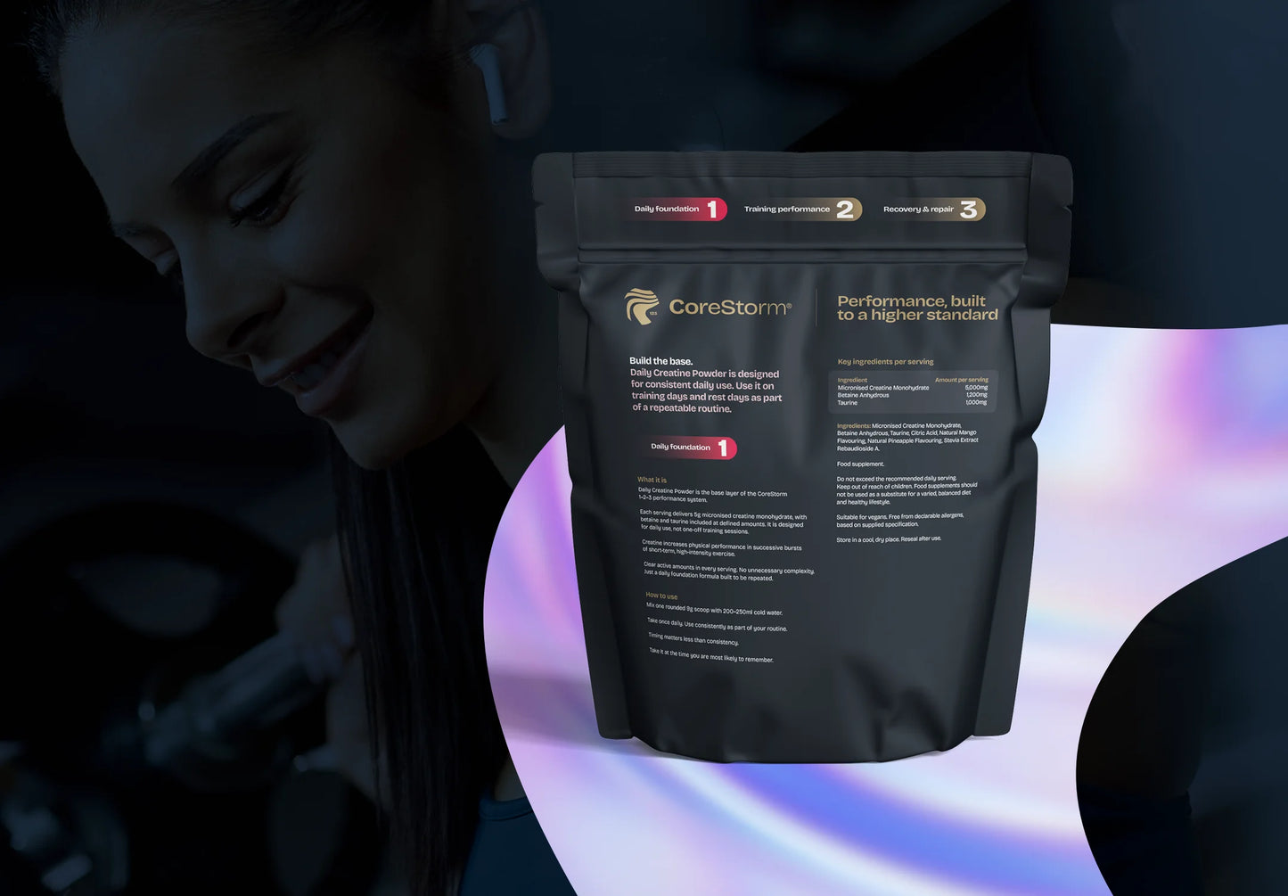 Black CoreStorm supplement package on a dark background