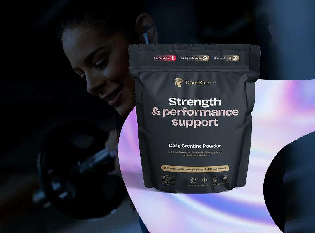 Package of 'Strength & performance support' daily creatine powder with a blurred background

