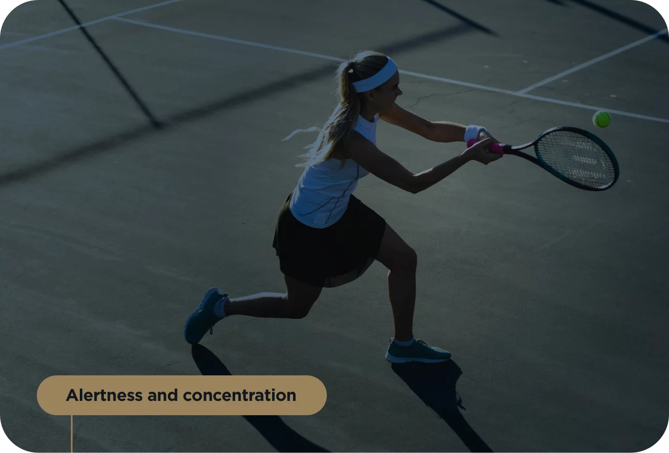 Tennis player in action on a court with text 'alertness and concentration'.