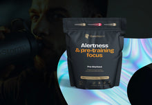 Pre-workout supplement package with 'CoreStorm' branding on a dark background