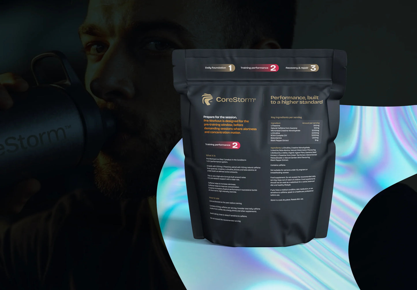 Black supplement package with CoreStorm branding on a colorful gradient background