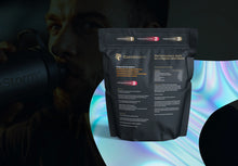 Black supplement package with CoreStorm branding on a colorful gradient background