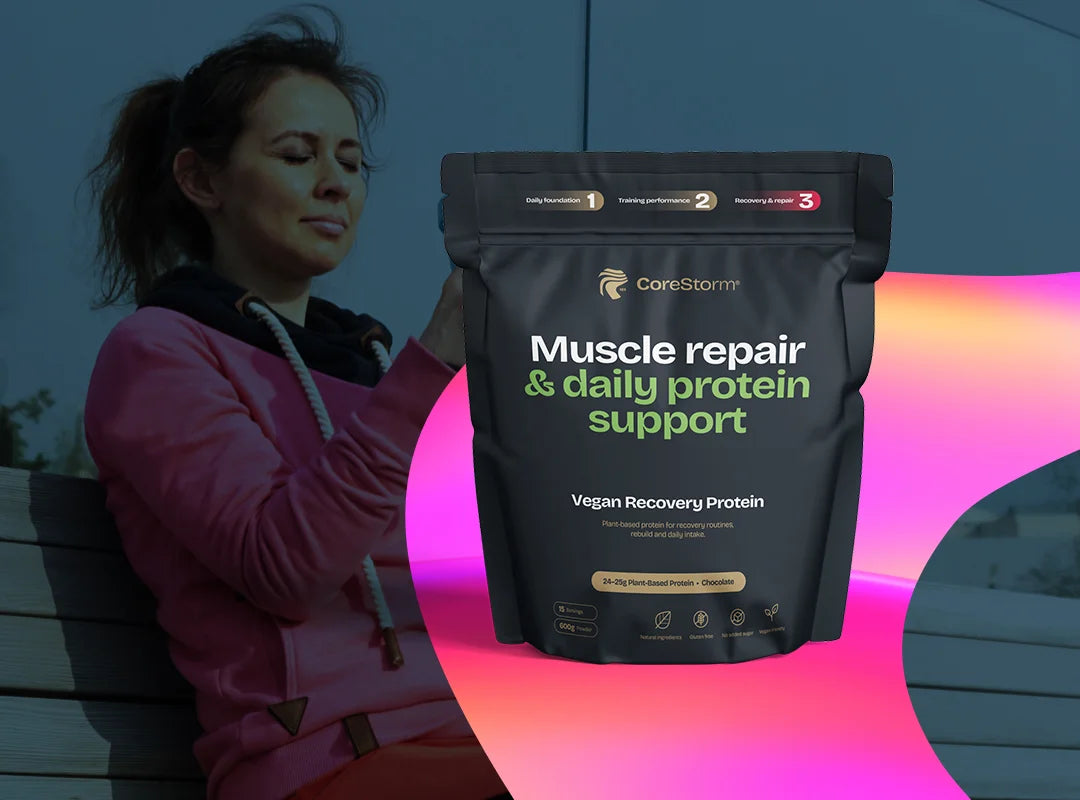 Person holding a CoreStorm protein package with 'Muscle repair & daily protein support' text.