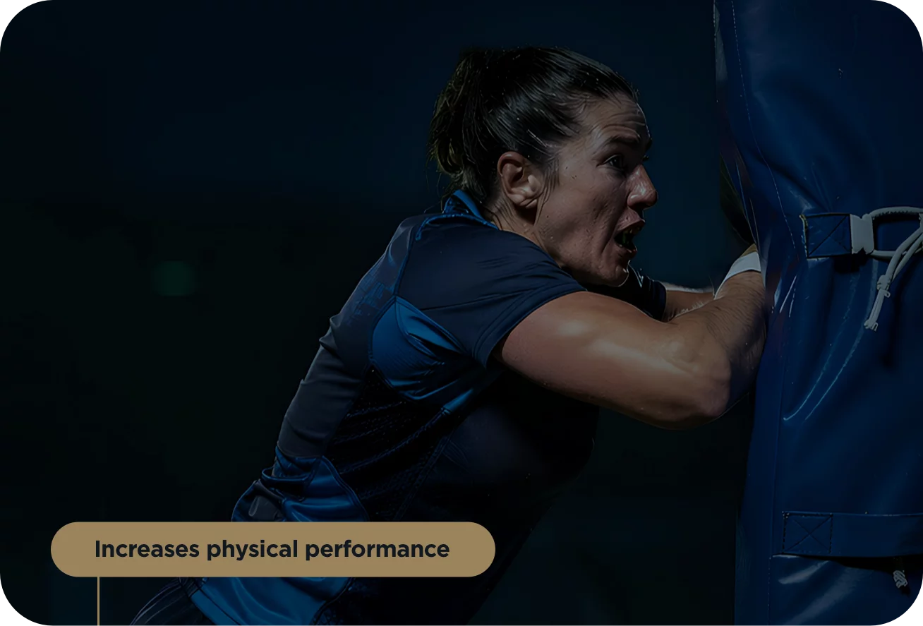 Female rugby player pushing a large bag with text 'Increases physical performance' on a dark background