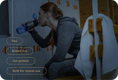 Person using a sports drink bottle with text about nutrition options on a dark overlay