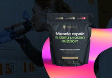 Protein powder package with text 'Muscle repair & daily protein support' on a blurred background