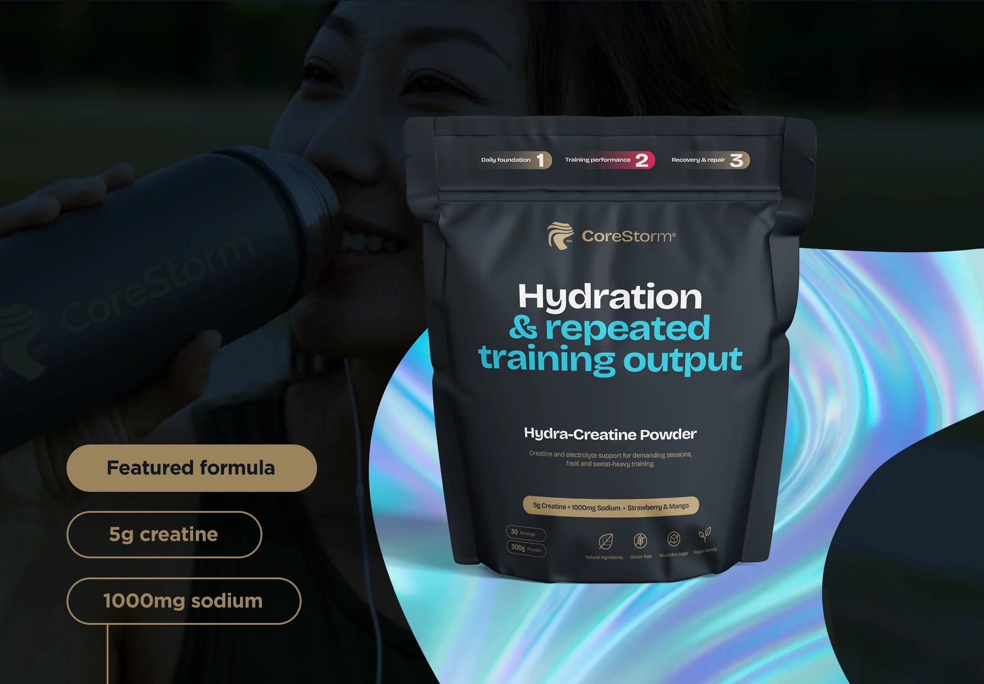 CoreStorm Hydration & Repeated Output powder package with a person holding a bottle in the background.